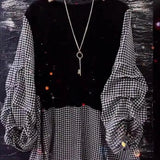 Women's Clothing Korean Houndstooth Blouse Stylish Drawstring Spring Autumn O-Neck Patchwork Casual Fake Two Pieces Folds Shirt-Outfit