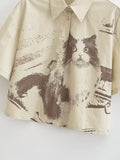 Fongt Summer New Women's Niche Fun Stamp Cotton Open Skirt Shirt UWU232055-Outfit