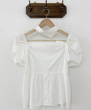 New Drawstring Bow Shirts & Blouses Square Collar Blusas Short Sleeve Camisas Loose Hem Ropa Mujer Summer Halter Tops-Outfit