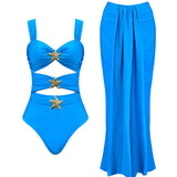 2025 New Solid-Color Swimsuit Female Sleeves Hollow Half-Dress
