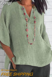 Quarter Sleeve Gray Vintage Office Top Retro Women Summer Solid V Neck Pullover Loose Casual Streetwear Femme Blouse