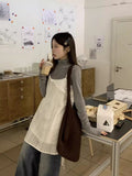 Spring New White Hollow Out Lace Strap Dresses+ Y2k E-Girl Turtleneck Long Sleeve Bottoming Tops Women Two Piece Sets-Outfit
