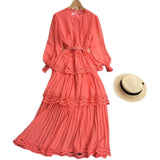 Net Color Chiffon Long-Sleeved Cake Skirt-Outfit
