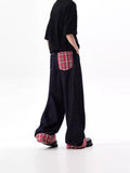 Sales Retro Washing Plaid Splicing Crimped Dark Men's And Women's Jeans Straight Sweep Long Trousers-Outfit