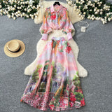 Fongt Actress High-End Printing Set Female Lantern Sleeve Buckle Shirt + High Waist Swing Half Body Skirt