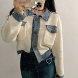 Fongt Version Of Chic Oceanic Sleeze Splicing And Smolder Side Color Reduction Small Scent Mixed Color Knitted Open Shirt 2024 Spring And Autumn