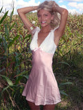 Pink V-neck Tie Up Patchwork Satin Mini Dress-Outfit