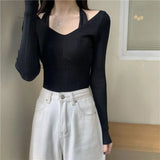 Fongt Up Spring And Autumn New Chic Sexy Chest Thin Hanging Neck Two Long-Sleeved Knitted Jersey Jersey Elastic