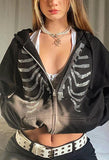 Rhinestone Skull Zipper Hoodie-Outfit