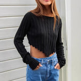 Fongt New Women's Clothing Loose Ribs Long-Sleeved Umbilly Fashion Short Sweater Woman