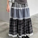 Patchwork Lace Plaid Maxi Skirt-Outfit