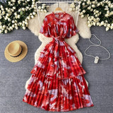 Fongt Retro Tea Faint Dyed Print Dress Women Waist Horn Sleeves Thin Temperament Lotus Leaf Side Chiffon Long Dress