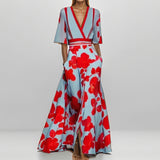 Fongt Women's Fashion Elegant Temperament V-Neck Print With Large Skirt Dress Dress Woman