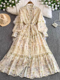 Fongt Retro Court Wind Hollow Lace Splicing Lantern Sleeve Collection Waist Single Buckle Print Dress 2025 Spring Dress
