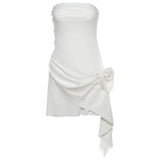 Summer New Women's Fashion Temperament Flower Adornment Solid Color Bare Back Strapless Dress Female-Outfit