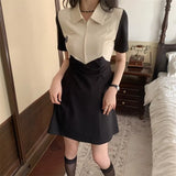 Sleeve Dress Women Summer Retro Tender French Style High Waist Design Patchwork Side-slit Elegant Chic Office Lady New