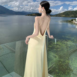 Fongt Seaside Resort Beach Dress 2024 New Temperament Show Thin Satin Senior Sexy Sling Open Back Dress-Outfit