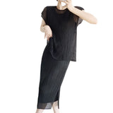 Fongt Folded Temperament Net Folding Set Thin Temperament Blouse Short-Sleeved Skirt Large Size Women's Clothing