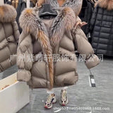 Fongt New High-End Fur Big Fox Wool Cotton Silver Fox Down Jacket Warm Hooded Coat Woman