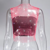 Fongt Nightclub Dresses Fishnet Hollow Out Rhinestone Vest Mesh Flash Diamond Sling Top