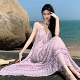 Purple Collar Sling Dress Female Summer Seaside Vacation Gentle Wind Dew Back Tea Break Fairy Long Skirt-Outfit