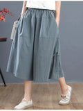 Pants Elastic Waist Large Drawstring Pocket Women's Summer Breeches Middle Waist Casual Solid Color Wide Leg Cropped
