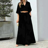 Fongt Women's V-Neck Lantern Sleeve Short Long Sleeve Top Wide Leg Pants Fashion Casual Suit