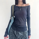 Girls Sexy French Solid Color Slim Long-Sleeved Blouse 2023 Shoulder Stitched Fashionable Knitted T-Shirt-Outfit