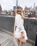Hollow Out Hole Spiced Lace Ruffles Hem Long Sleeve Short Dress White Women Slim Waist Fishtail Dresses