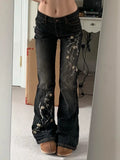 Fongt West Of The Cowboy Wind Plant Flowers Embroidered Low-Waisted Trousers Hottie Water Wash Old Leisure Trousers