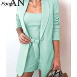 and Summer Solid Color Vest Suit Jacket Fashion Temperament High Waist Shorts Three-piece Women's Dress Pink