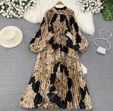 Quality Light Extravagant Lantern Long Sleeved Round Collar Waist Slim Single Breasted Printed Dress Elegant Long Skirt-Outfit