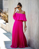 Fongt / Summer 2023 New Women's Sexy One-Line Collar Off-Shoulder Fold Chiffon Dress 4125-Outfit