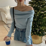 Feminino Off Shoulder Slash Neck Sweater Women Long Sleeve Knitwears Spring Spring Y2k Clothes Elegant Pullover Tops-Outfit