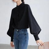 Sense Niche 2023 Spring Grinding Hair Loose Show Thin Stand Collar Lantern Sleeve Foreign Style Long Sleeve Shirt-Outfit
