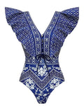 Shoulder Lotus Side Deep V Sexy Bare Back Swimsuit Woman 2025 New Swimsuit