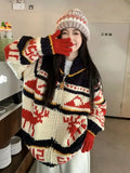 Reindeer Zipper Collar Printed Knitted Cardigan-Outfit