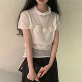 Floral Patchwork Ropa Mujer Half High Collar Tops Short Sleeve T Shirt Korean Chic Camisetas Summer Knitted Clothes Women-Outfit