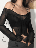Sheer Mesh Lace Up Blouse-Outfit