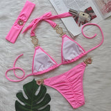 Fongt Sexy Luxury Crystal Diamond Bikini Solid Color Female Strap Swimwear Metal Accessories