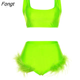 Feather Two Piece Set Solid Tracksuit Women Sexy Vest Crop Top Shorts Skirts Night Club Party Outfits Hottie