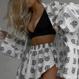 Fongt New Loose Print Women's Casual Tie Long Sleeve Pajamas High Waist Shorts Set Home Clothes-Outfit