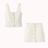 Tweed Pearl Button Sleeveless Tank Top And Mini Skirt Set-Outfit