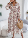2025 Elegant Broken Flower Cross V Receive Waist Lotus Leaf Side Dress Women's