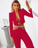 Women's Black Fashion Suit Women's Feeling Small Suit Short Top Chain Belt Casual Trousers Two-Piece