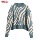 Women 2021 Fashion Thick Zebra Crop Knitted Sweater jumper O Neck Female Oversize Pullovers Chic Tops