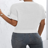 Fongt New Twisted Rope Flounce Short Sleeve Round Collar Knit Sweater Women Top-Outfit