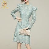 New Spring Luxury Women Stand Collar Ruffle Lace Dresses Sexy Hollow Out Long Sleeve Vintage Vestido Da