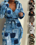 Elegant Printed Waist Pocket Dress
