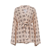 Fongt New Loose Print Women's Casual Tie Long Sleeve Pajamas High Waist Shorts Set Home Clothes-Outfit